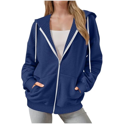 KODMNSW Hoodie Damen Sweatjacke Kapuzenjacke Zipper Jacke Mode Sweatshirt Jacke Wärme Kuscheljacke Herbst Winter Sport Mantel Oversize Pullover Teenager Mädchen Kapuzenpullover Blau L von KODMNSW
