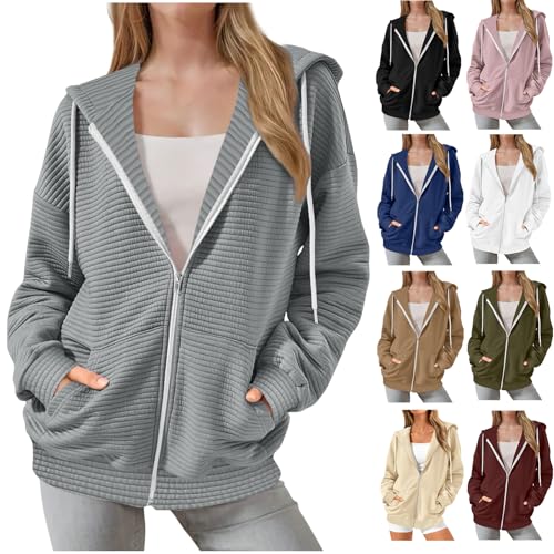 KODMNSW Hoodie Damen Sweatjacke Kapuzenjacke Zipper Jacke Mode Sweatshirt Jacke Wärme Kuscheljacke Herbst Winter Sport Mantel Oversize Pullover Teenager Mädchen Kapuzenpullover Grau S von KODMNSW