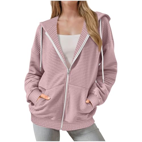 KODMNSW Hoodie Damen Sweatjacke Kapuzenjacke Zipper Jacke Mode Sweatshirt Jacke Wärme Kuscheljacke Herbst Winter Sport Mantel Oversize Pullover Teenager Mädchen Kapuzenpullover Rosa L von KODMNSW