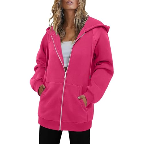 KODMNSW Hoodie Damen Sweatjacke Wärme Mode Kapuzenjacke Herbst Winter Sweatshirt Jacke Kuscheljacke Locker Casual Zipper Jacke Einfarbig Sportjacke Sport Mantel Oversize Pullover Knalliges Pink XL von KODMNSW