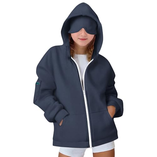 KODMNSW Hoodie Mädchen Kapuzenjacke mit integrierter Augenmaske Travel Hoodie Kuscheljacke Kapuzenpullover mit Reißverschluss Kinder Pullover Sweatshirt Jacke für Übergangs Marine 12 Jahre von KODMNSW
