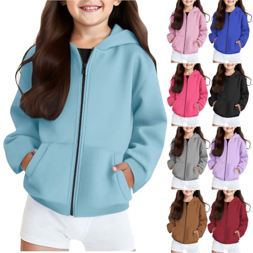 KODMNSW Hoodie Mädchen Kapuzenpullover Sweatjacke Locker Casual Kapuzenjacke Sweatshirt mit Kapuzen Reißverschluss Kinder Sport Jacke Übergangsjacke Zip up Pullover Hellblau 130 von KODMNSW