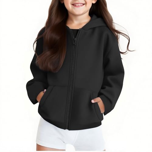 KODMNSW Hoodie Mädchen Kapuzenpullover Sweatjacke Locker Casual Kapuzenjacke Sweatshirt mit Kapuzen Reißverschluss Kinder Sport Jacke Übergangsjacke Zip up Pullover Schwarz 150 von KODMNSW