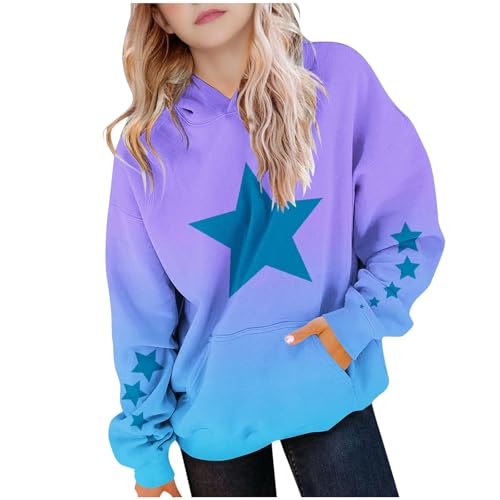 KODMNSW Hoodie Mädchen Sweatshirt Farbverlauf Sternenmuster Kapuzenpullover Pullover mit Kapuze Tasche Locker Casual Langarmshirt Oversized Oberteil Y2K Top Kinder Kleidung Hellblau 140 von KODMNSW