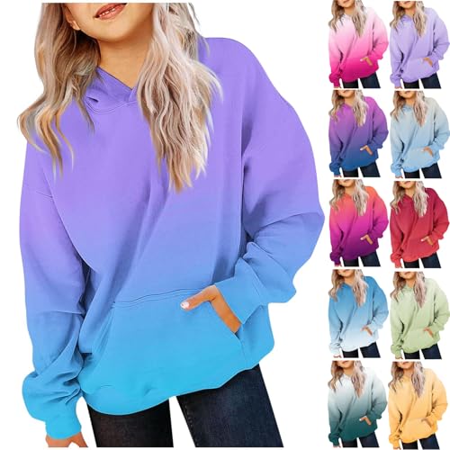 KODMNSW Hoodie Mädchen Sweatshirt mit Kapuze Farbverlauf Kapuzenpullover Locker Casual Pullover Oversized Langarmshirt Y2K Top Süß Elegante Oberteile Lässig Basic Longshirt Knalliges Pink 140 von KODMNSW