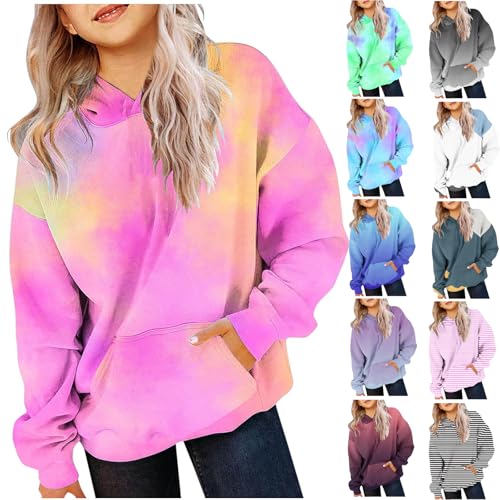 KODMNSW Hoodie Mädchen Sweatshirt mit Kapuze Tie-Dye Farbverlauf Kapuzenpullover Oversized Pullover Casual Langarmshirt Y2K Top Niedliches Oberteile Herbst/Winter Longshirt Rosa 140 von KODMNSW