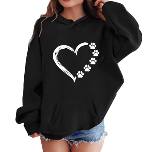 KODMNSW Hoodie für Mädchen Sweatshirt Kapuzenpullover mit Niedliches Herzen-EKG-Print Oversized Pullover Locker Casual Y2K Top Elegante Oberteile Lässig Basic Longshirt Schwarz 160 von KODMNSW