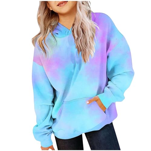 KODMNSW Hoodie für Mädchen Sweatshirt mit Kapuze Tie-Dye Farbverlauf Kapuzenpullover Oversized Pullover Langarmshirt Y2K Top Oberteile Herbst/Winter Longshirt Sale Angebote Blau 160 von KODMNSW