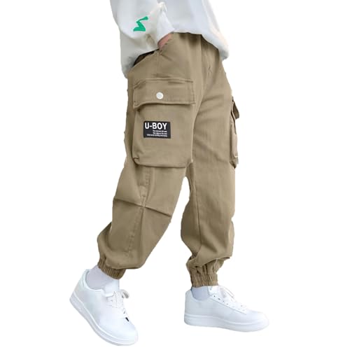 KODMNSW Hosen Jungen Cargohose Jogginghose Baggy Robust Arbeitshose Buchstabenaufkleber Cool Cargo Hose Elastische Taille Sporthose Outdoorhose Freizeithose für Frühling Herbst Khaki 170 von KODMNSW