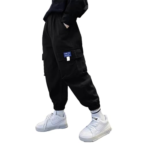 KODMNSW Hosen Jungen Cargohose Jogginghose Baggy Robust Arbeitshose Buchstabenaufkleber Cool Cargo Hose Elastische Taille Sporthose Outdoorhose Freizeithose für Frühling Herbst Schwarz 120 von KODMNSW