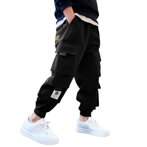KODMNSW Hosen Jungen Cargohose Jogginghose Baggy Robust Arbeitshose Buchstabenaufkleber Cool Cargo Hose Elastische Taille Sporthose Outdoorhose Freizeithose für Frühling Herbst Schwarz 150 von KODMNSW