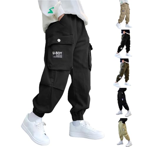 KODMNSW Hosen Jungen Cargohose Jogginghose Baggy Robust Arbeitshose Buchstabenaufkleber Cool Cargo Hose Elastische Taille Sporthose Outdoorhose Freizeithose für Frühling Herbst Schwarz 140 von KODMNSW