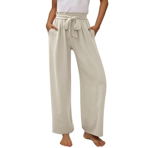KODMNSW Hosen Mädchen Baumwolle Leinen Hose mit Tasche Fliege Leinenhose Jogginghose Tanzhose Laufhose Weitem Bein High Waist Straight Leg Freizeithose Schlupfhose Beige 160 von KODMNSW