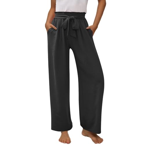KODMNSW Hosen Mädchen Baumwolle Leinen Hose mit Tasche Fliege Leinenhose Jogginghose Tanzhose Laufhose Weitem Bein High Waist Straight Leg Freizeithose Schlupfhose Schwarz 150 von KODMNSW
