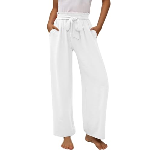 KODMNSW Hosen Mädchen Baumwolle Leinen Hose mit Tasche Fliege Leinenhose Jogginghose Tanzhose Laufhose Weitem Bein High Waist Straight Leg Freizeithose Schlupfhose Weiß 150 von KODMNSW