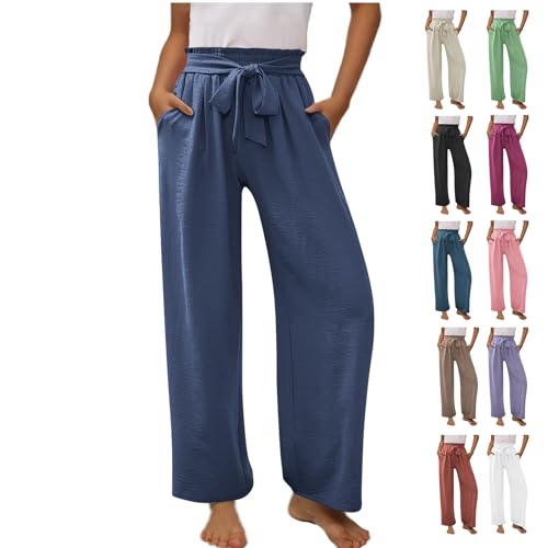 KODMNSW Hosen Mädchen Baumwolle Leinen Hose mit Tasche Fliege Leinenhose Jogginghose Tanzhose Laufhose Weitem Bein High Waist Straight Leg Freizeithose Schlupfhose Marine 160 von KODMNSW
