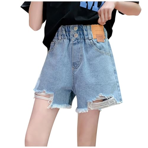 KODMNSW Jeans Shorts Mädchen Hot Pants Sommer Kurze Hose Mode Hip Hop Zerrissene Denim Hosen Streetwear Hotpants Sommerhose für Teenager Mädchen 5-16 Jahre Blau 16 Jahre von KODMNSW