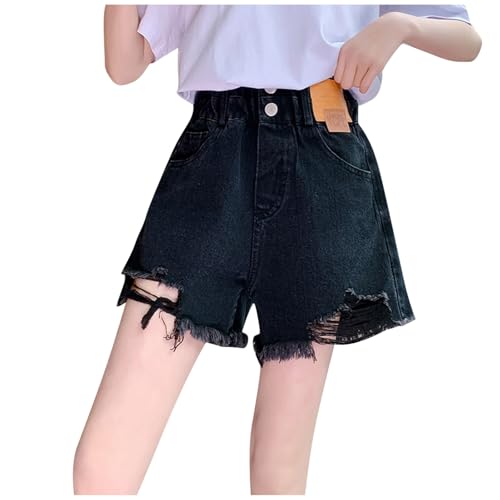 KODMNSW Jeans Shorts Mädchen Hot Pants Sommer Kurze Hose Mode Hip Hop Zerrissene Denim Hosen Streetwear Hotpants Sommerhose für Teenager Mädchen 5-16 Jahre Schwarz 12 Jahre von KODMNSW