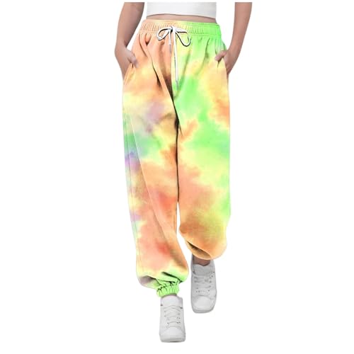 KODMNSW Jogginghose Mädchen Sporthose Sweatpants Batik Farbverlauf Hosen Trainingshose Freizeithose Fitness Laufhose Sommer Hose Teenager Mädchen 3-14 Jahre Gelb 10 Jahre von KODMNSW