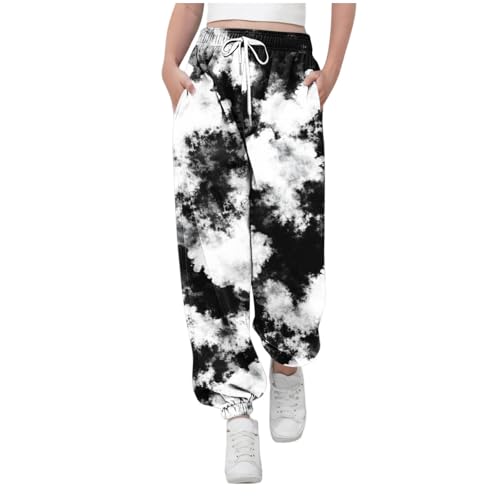 KODMNSW Jogginghose Mädchen Sporthose Sweatpants Batik Farbverlauf Hosen Trainingshose Freizeithose Fitness Laufhose Sommer Hose Teenager Mädchen 3-14 Jahre Schwarz 12 Jahre von KODMNSW