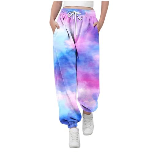 KODMNSW Jogginghose Mädchen Sporthose Sweatpants Batik Farbverlauf Hosen Trainingshose Freizeithose Fitness Laufhose Sommer Hose Teenager Mädchen 3-14 Jahre Blau 10 Jahre von KODMNSW
