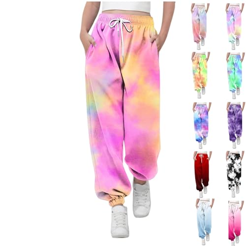 KODMNSW Jogginghose Mädchen Sporthose Sweatpants Batik Farbverlauf Hosen Trainingshose Freizeithose Fitness Laufhose Sommer Hose Teenager Mädchen 3-14 Jahre Rosa 12 Jahre von KODMNSW