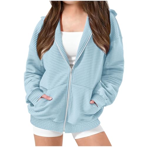 KODMNSW Kapuzenpullover Teenager Mädchen Sweatjacke Streifen Hoodie Jacke Weich Bequem Kapuzenjacke Sweatshirt mit Kapuzen Reißverschluss Kinder Outdoor Jacke Übergangsjacke Hellblau 160 von KODMNSW