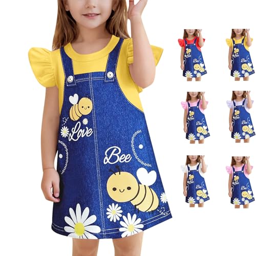 KODMNSW Kleid Baby-Mädchen Sommerkleid Kinder Kleider Gr.70-110 Biene Drucken Falsch Zweiteiliges Rüschenärmel Kinderkleider Festliche Mädchenkleider Partykleid Freizeitkleid Gelb 90 von KODMNSW