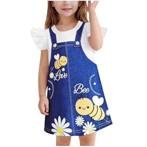 KODMNSW Kleid Baby-Mädchen Sommerkleid Kinder Kleider Gr.70-110 Biene Drucken Rüschenärmel Kinderkleider Festliche Mädchenkleider Partykleid Freizeitkleid Weiß 110 von KODMNSW