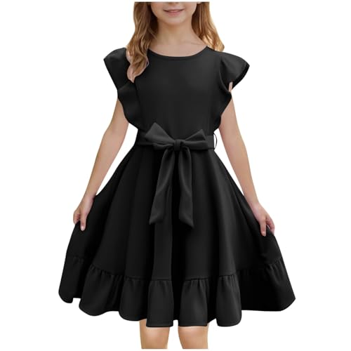 KODMNSW Kleid Mädchen Sommerkleid Festliche Kleider Kinder Kleider Schleife in der Taille Partykleid Sommer Freizeitkleid Einfarbig Elegante Swingkleid 5-15 Jahre Schwarz 13 Jahre von KODMNSW