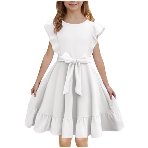 KODMNSW Kleid Mädchen Sommerkleid Festliche Kleider Kinder Kleider Schleife in der Taille Partykleid Sommer Freizeitkleid Einfarbig Elegante Swingkleid 5-15 Jahre Weiß 8 Jahre von KODMNSW