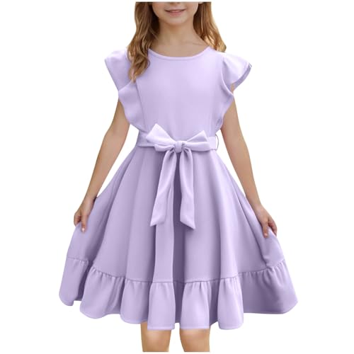 KODMNSW Kleid Mädchen Sommerkleid Festliche Kleider Kinder Kleider Schleife in der Taille Partykleid Sommer Freizeitkleid Einfarbig Elegante Swingkleid 5-15 Jahre Lila 10 Jahre von KODMNSW