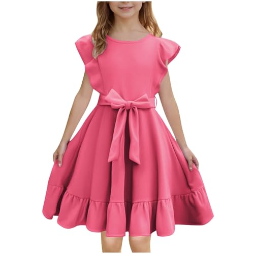 KODMNSW Kleid Mädchen Sommerkleid Festliche Kleider Kinder Kleider Schleife in der Taille Partykleid Sommer Freizeitkleid Einfarbig Elegante Swingkleid 5-15 Jahre Gutscheine Heißes Rosa 8 Jahre von KODMNSW
