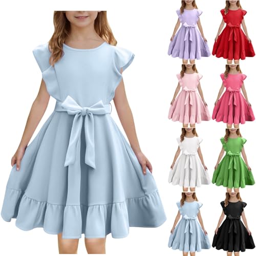 KODMNSW Kleid Mädchen Sommerkleid Festliche Kleider Kinder Kleider Schleife in der Taille Partykleid Sommer Freizeitkleid Elegante Swingkleid 5-15 Jahre Hellblau 10 Jahre von KODMNSW