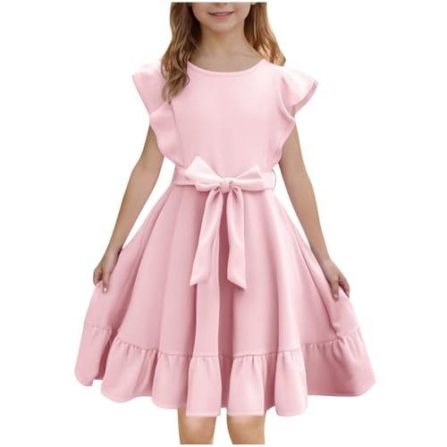 KODMNSW Kleid Mädchen Sommerkleid Festliche Kleider Kinder Kleider Schleife in der Taille Partykleid Sommer Freizeitkleid Elegante Swingkleid 5-15 Jahre Rosa 8 Jahre von KODMNSW