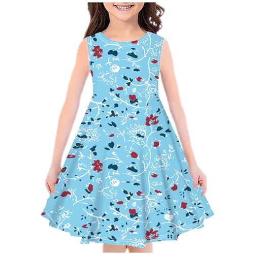 KODMNSW Kleid Mädchen Sommerkleid Festliche Kleider Mode Drucke Strandkleid Partykleid A Linie Kinderkleider Freizeitkleid Kleidung für Kinder Teenager 4-14 Jahre Blau 13-14 Jahre von KODMNSW