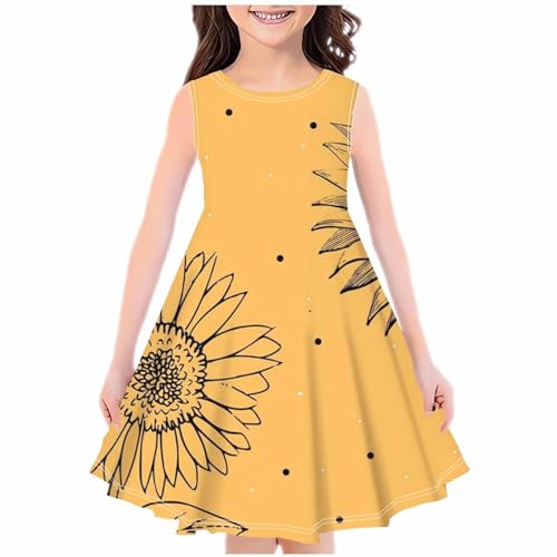 KODMNSW Kleid Mädchen Sommerkleid Festliche Kleider Mode Drucke Strandkleid Partykleid A Linie Kinderkleider Freizeitkleid Kleidung für Kinder Teenager 4-14 Jahre Gelb 9-10 Jahre von KODMNSW
