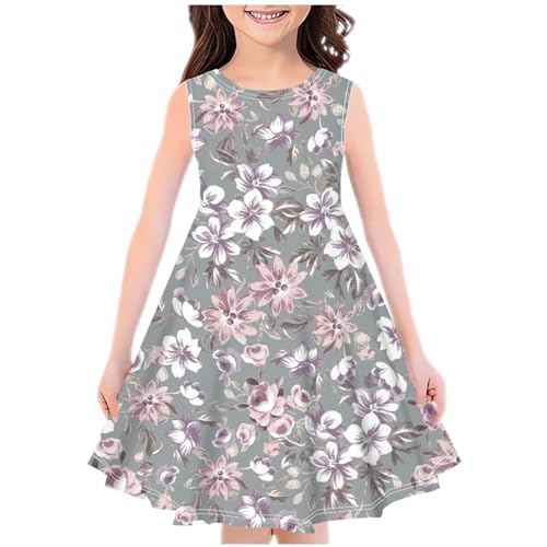 KODMNSW Kleid Mädchen Sommerkleid Festliche Kleider Mode Drucke Strandkleid Partykleid A Linie Kinderkleider Freizeitkleid Kleidung für Kinder Teenager 4-14 Jahre Grau 13-14 Jahre von KODMNSW