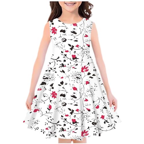 KODMNSW Kleid Mädchen Sommerkleid Festliche Kleider Mode Drucke Strandkleid Partykleid A Linie Kinderkleider Freizeitkleid Kleidung für Kinder Teenager 4-14 Jahre Weiß 9-10 Jahre von KODMNSW