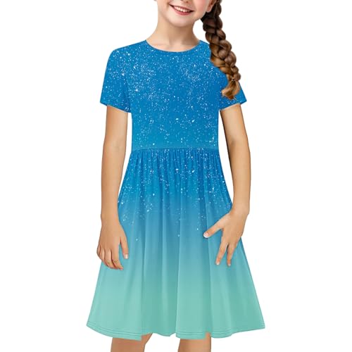 KODMNSW Kleid Mädchen Sommerkleid Festliche Kleider Partykleid T-Shirt-Kleider Kurzarm Kinderkleider Farbverlauf Freizeitkleid für Kinder Teenager 4-14 Jahre Blau 7-8 Jahre von KODMNSW