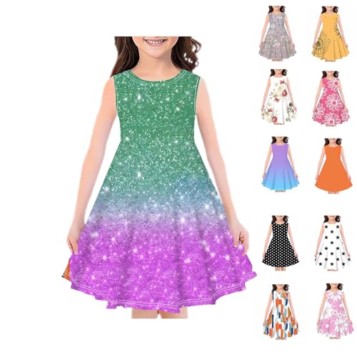 KODMNSW Kleid Mädchen Sommerkleid Festliche Kleider Mode Drucke Strandkleid Partykleid A Linie Kinderkleider Freizeitkleid Kleidung für Kinder Teenager 4-14 Jahre Grün 11-12 Jahre von KODMNSW