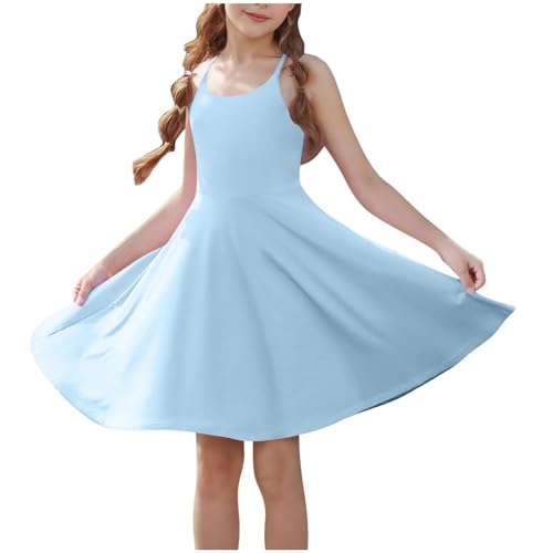 KODMNSW Kleid Mädchen Sommerkleider mit Shorts und Taschen Ärmelloses Tenniskleid Golf-Pickleball-Kleider Trägerloseskleid Gekreuzter Rücken Verstellbare Schultergurte Sport-Kleid Hellblau 140 von KODMNSW