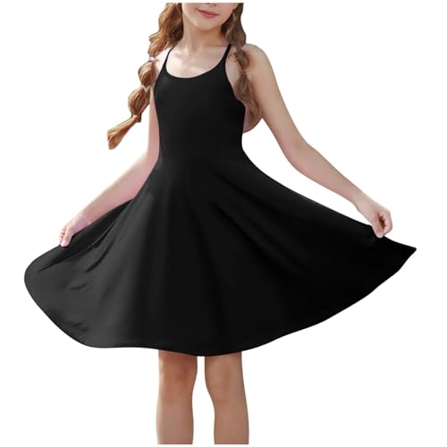 KODMNSW Kleid Mädchen Sommerkleider mit Shorts und Taschen Ärmelloses Tenniskleid Golf-Pickleball-Kleider Trägerloseskleid Gekreuzter Rücken Verstellbare Schultergurte Sport-Kleid Schwarz 160 von KODMNSW