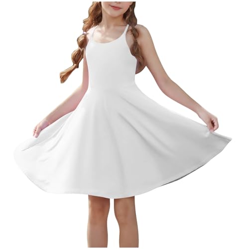 KODMNSW Kleid Mädchen Sommerkleider mit Shorts und Taschen Ärmelloses Tenniskleid Golf-Pickleball-Kleider Trägerloseskleid Gekreuzter Rücken Verstellbare Schultergurte Sport-Kleid Weiß 150 von KODMNSW