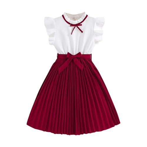 KODMNSW Kleid Mädchen mit Gürtel 2-TLG Sommerkleid Festliche Kleider Kinderkleider Rundhal Freizeitkleid Plisseekleid Sommerkleider Knielang für 8-12 Jahre Rot 9 Jahre von KODMNSW