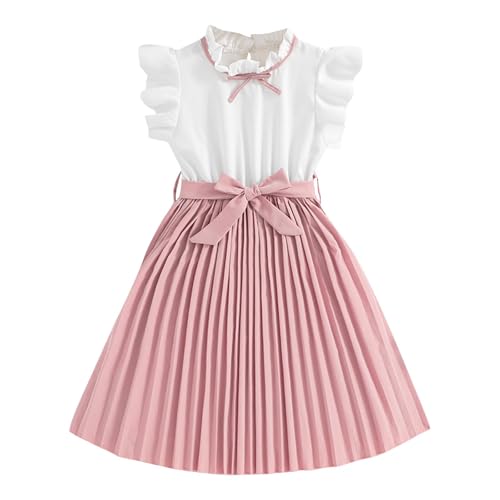 KODMNSW Kleid Mädchen mit Gürtel 2-TLG Sommerkleid Festliche Kleider Kinderkleider Rundhal Freizeitkleid Plisseekleid Sommerkleider Knielang für 8-12 Jahre Rosa 9 Jahre von KODMNSW
