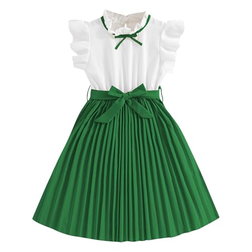KODMNSW Kleid Mädchen mit Gürtel 2-TLG Sommerkleid Festliche Kleider Kinderkleider Rundhal Freizeitkleid Plisseekleid Sommerkleider Knielang für 8-12 Jahre Grün 9 Jahre von KODMNSW