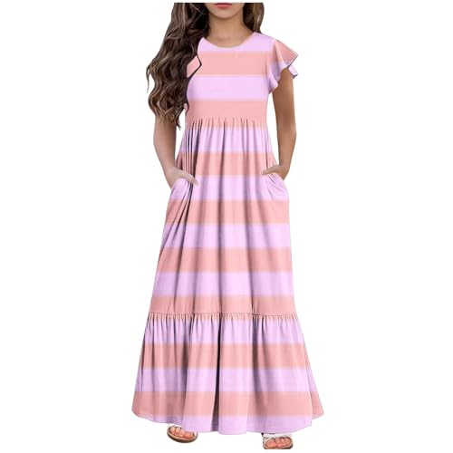 KODMNSW Kleid Teenager Mädchen A Line Sommer Kleider Lang Sommerkleid Elegante Kinderkleider Streifendruck Freizeitkleid Swingkleid für 6-13 Jahre Rosa 12 Jahre von KODMNSW