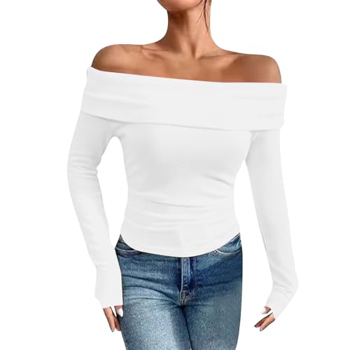 KODMNSW Langarmshirt Damen Off Shoulder Oberteil Crop Top Elegant Langarm T-Shirts Slim Stretch Einfarbig Bluse Basic Longsleeve Tshirts Lässiges Pullover Shirts Skinny Tops Weiß S von KODMNSW