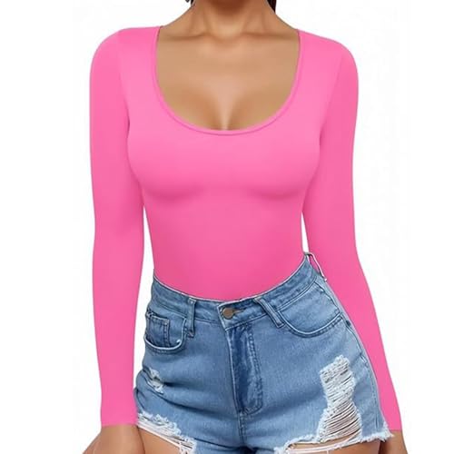 KODMNSW Langarmshirt Damen Tiefer Rundhalsausschnitt Top Elegante Oberteile Langarm T-Shirts Slim Stretch Einfarbig Bluse Basic Longsleeve Tshirts Skinny Tops Pullover Bluse Knalliges Pink XXL von KODMNSW